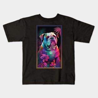 Bulldog Vibrant Tropical Flower Tall Digital Oil Painting Portrait Kids T-Shirt